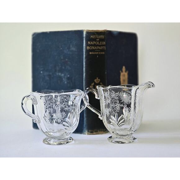 Vintage Creamer & Open Sugar Bowl in Fostoria Chintz Pattern, Pristine Condition - Picture 2 of 10